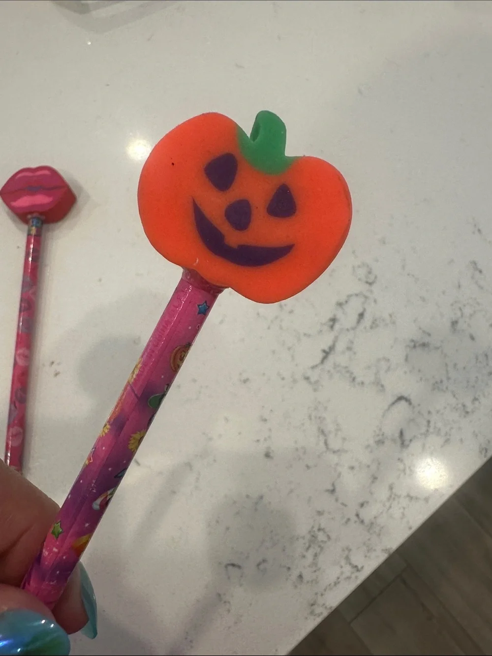 Lisa Frank Pink Pencils with Lip and Orange Pumpkin Erasers